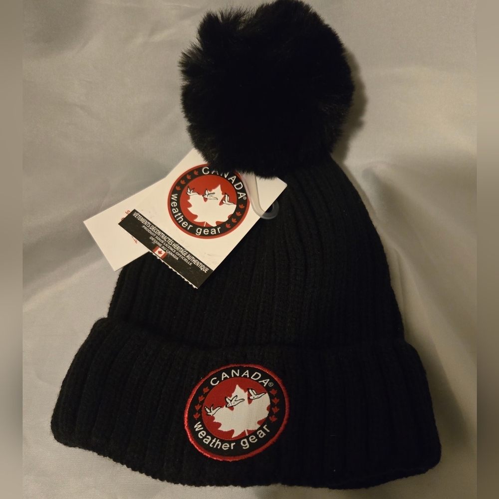 Canada Weather Gear Hat Beanie Unisex Black Plush Lined Pom Cap Winter Warm